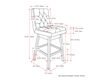 Blue button-tufted bar stool with wooden legs, padded seat, and backrest.