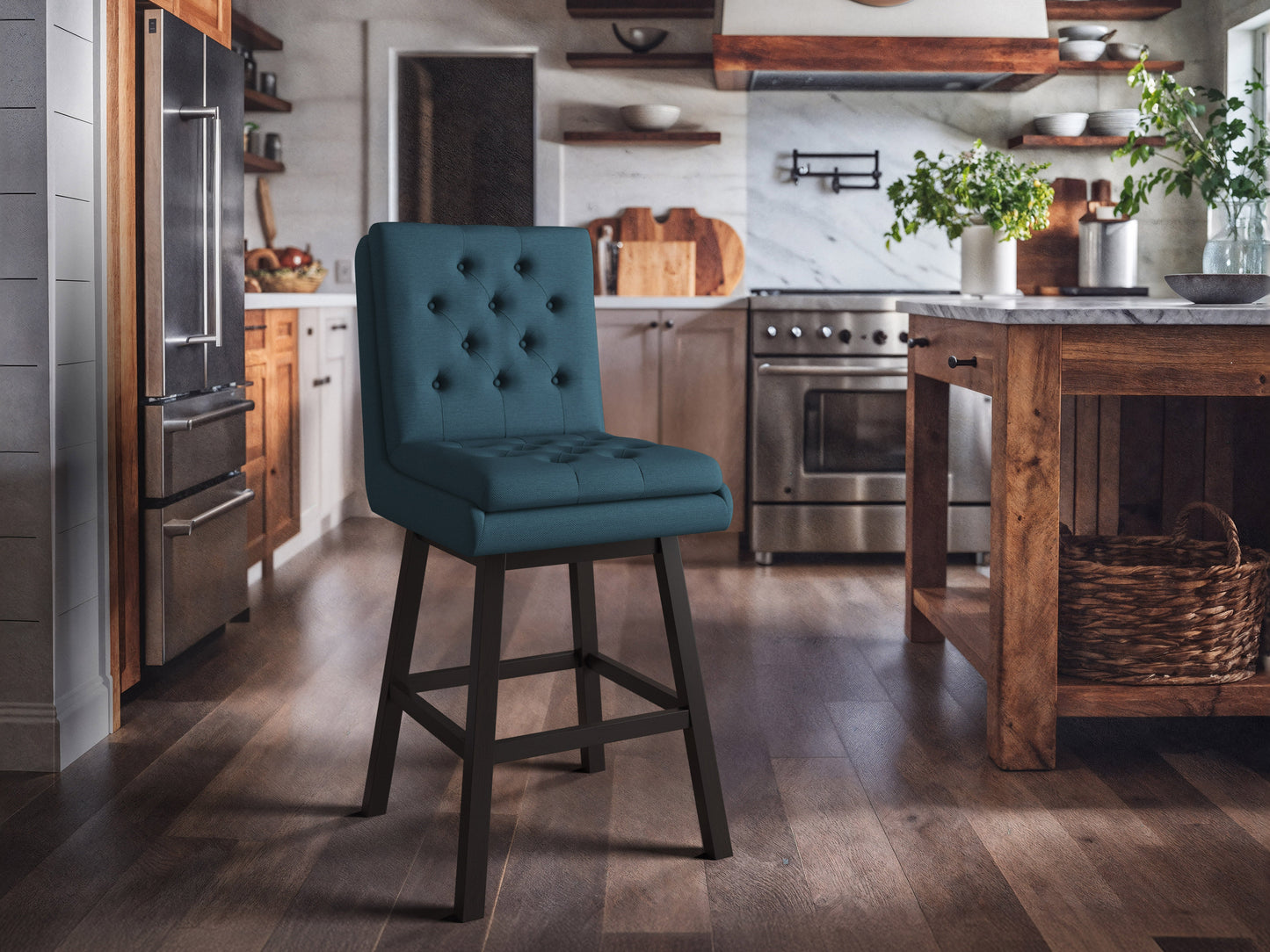 Blue button-tufted bar stools with wooden legs, velvet upholstery, and a sleek contemporary design.