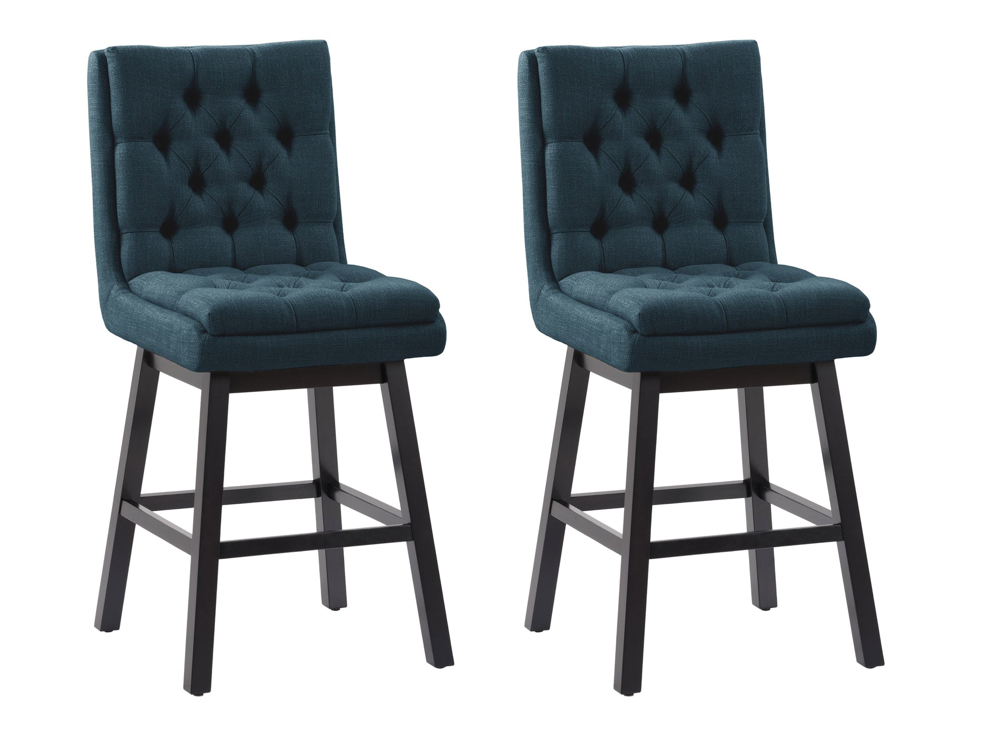 Blue button tufted bar stool with wooden legs and cushioned seat, perfect for modern kitchen or home bar.