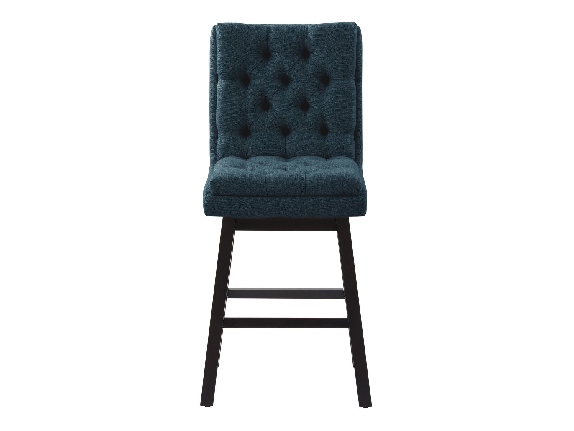 Blue button tufted bar stool with wooden legs and padded seat, perfect for modern kitchens and home bars.