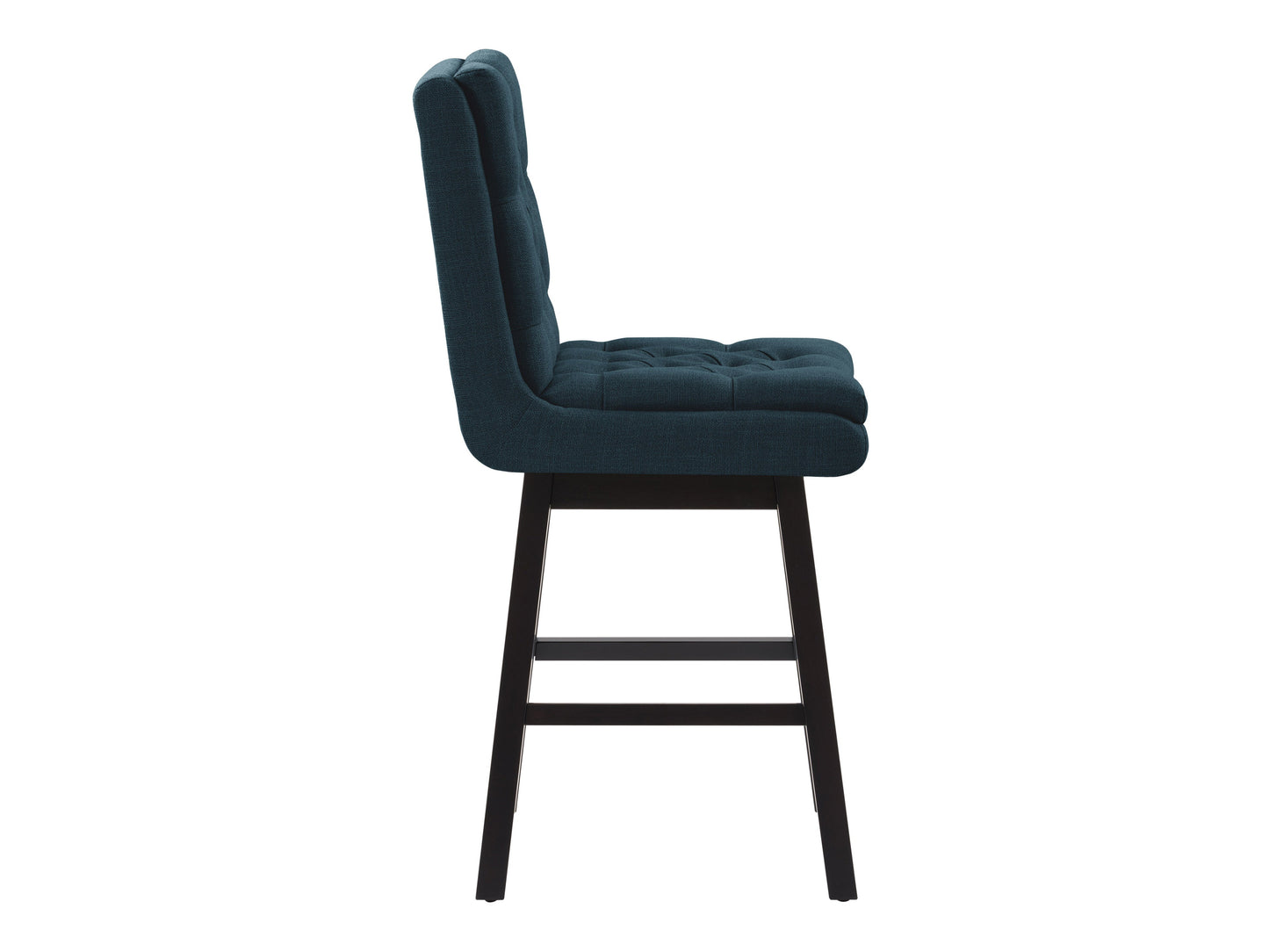 Blue button-tufted bar stools with wooden legs and padded fabric seats, perfect for modern kitchen or bar areas.