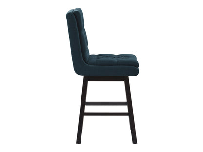 Blue button-tufted bar stools with wooden legs and padded fabric seats, perfect for modern kitchen or bar areas.