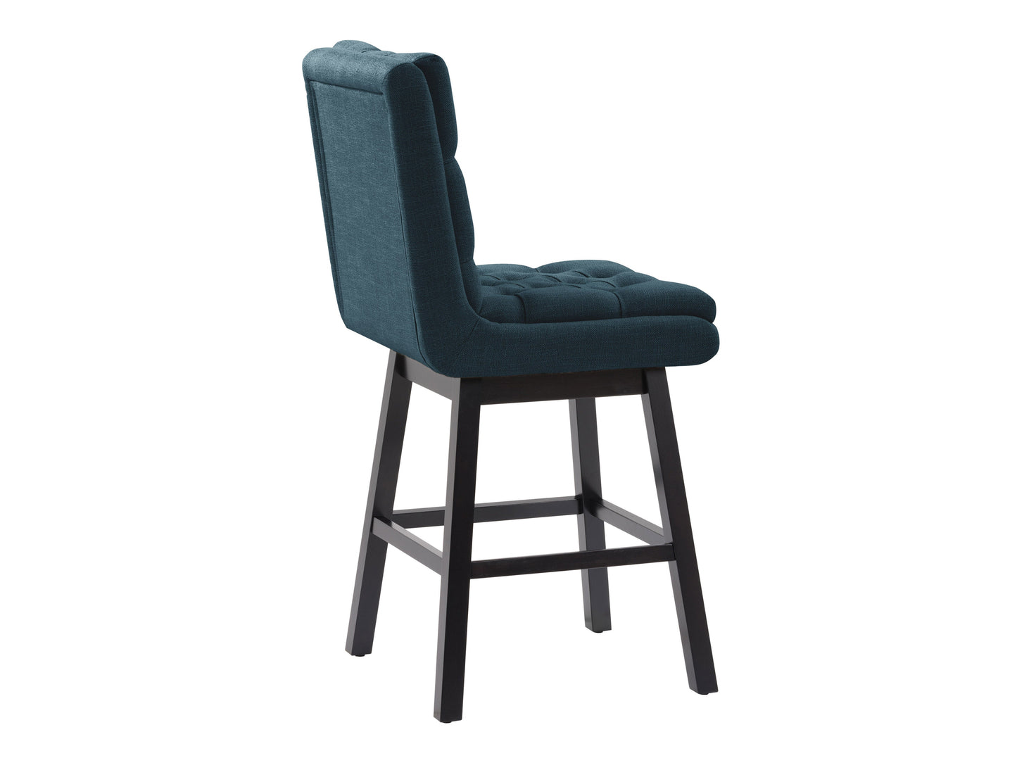 Blue button tufted bar stool with wooden legs, padded seat, and backrest, perfect for modern kitchen islands or bars.