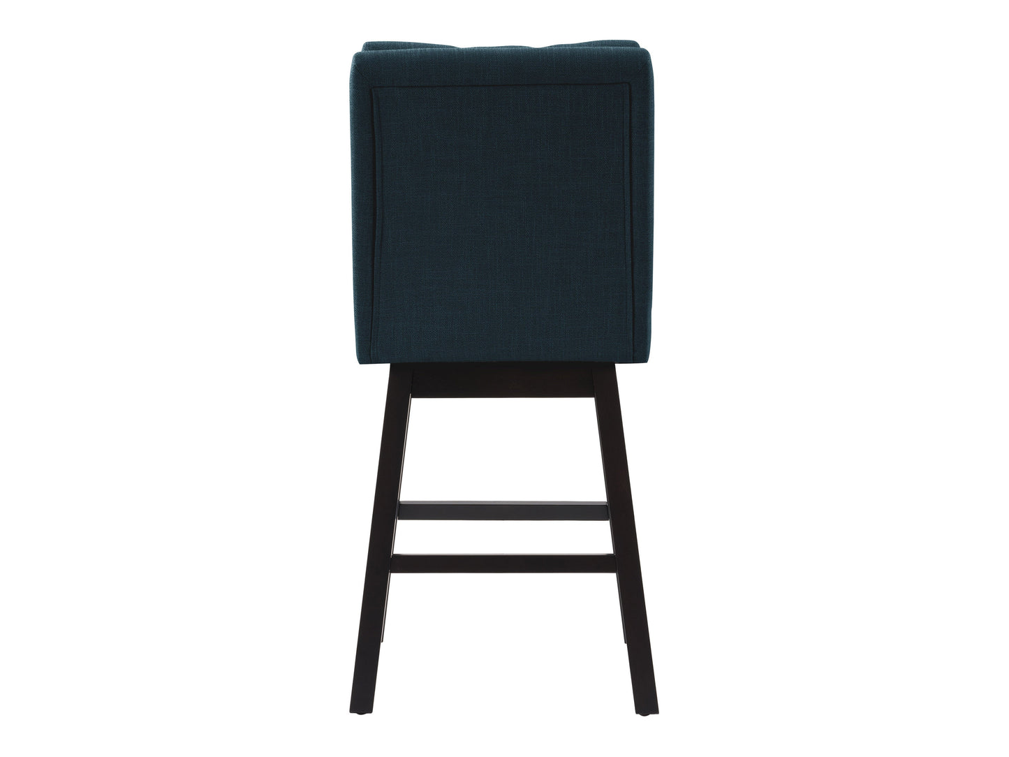 Blue button-tufted bar stool with wooden legs, upholstered in soft fabric, featuring a comfortable backrest and a sleek design.