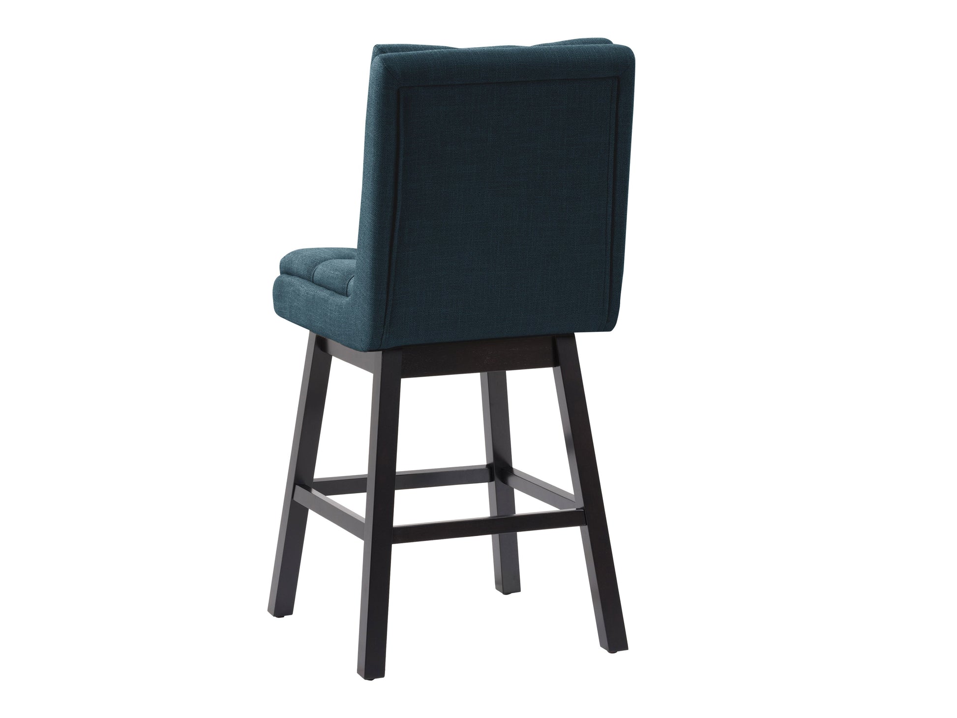 Blue button tufted bar stool with wooden legs and cushioned seat, perfect for modern kitchen or home bar decor.