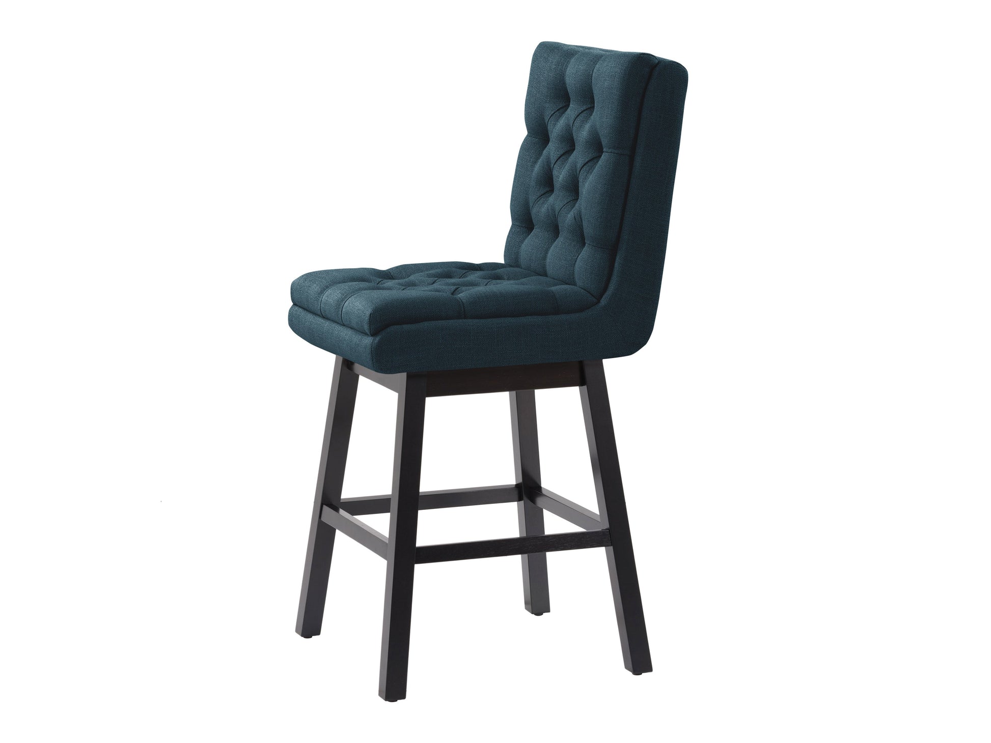 Blue button-tufted bar stool with wooden legs and cushioned seat, ideal for modern kitchen or bar spaces.