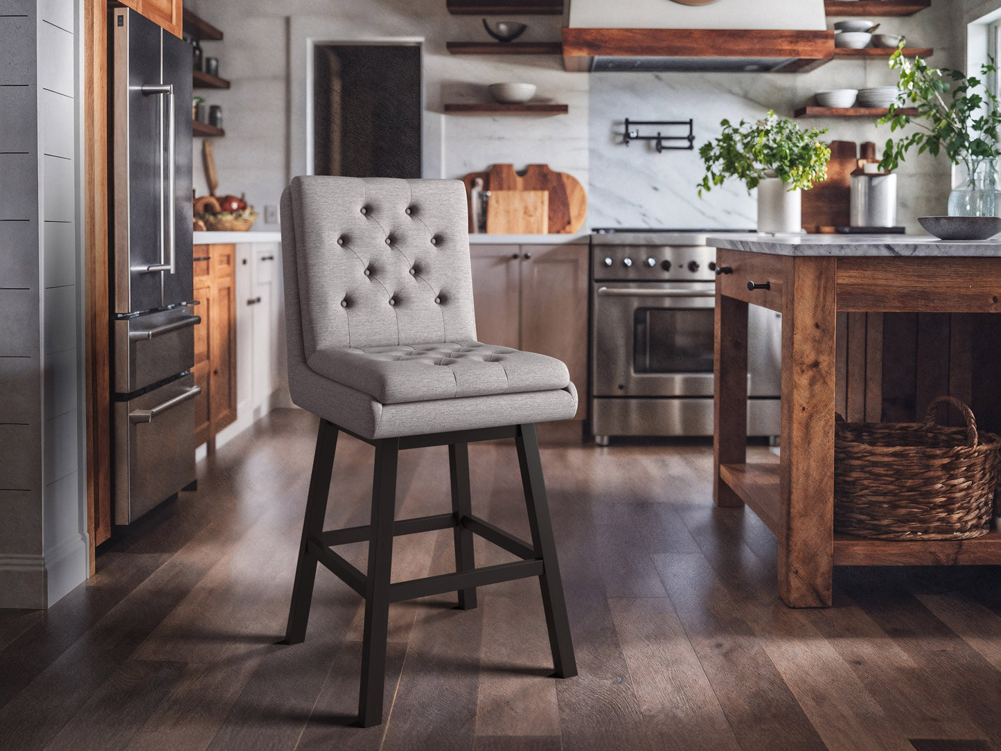 Light grey button tufted bar stool with wooden legs and padded seat, modern kitchen island seating.