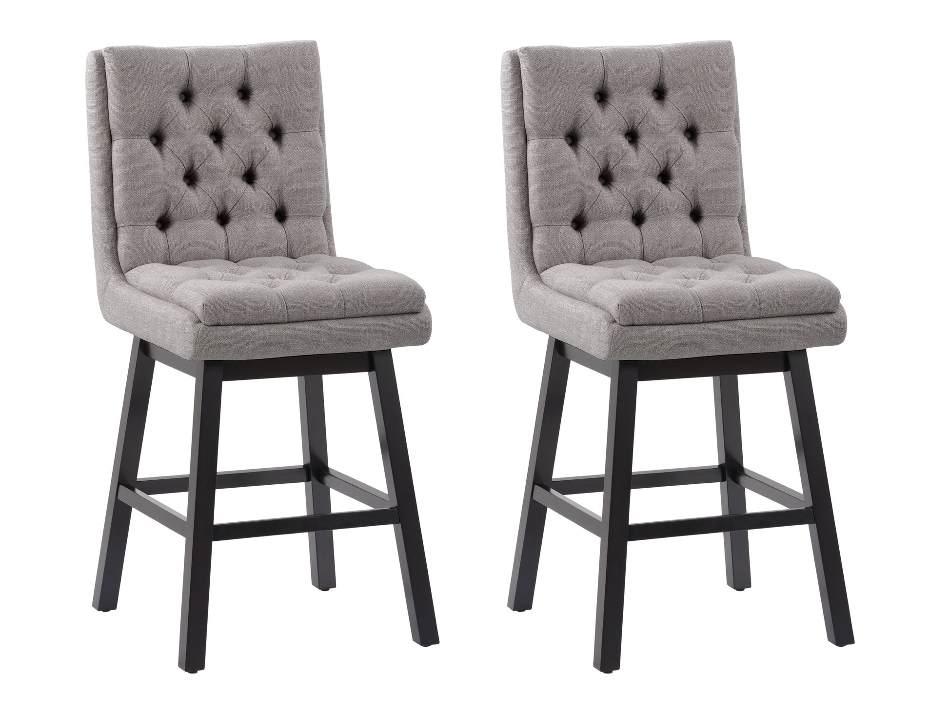 Light grey button tufted bar stool with wooden legs and elegant design.