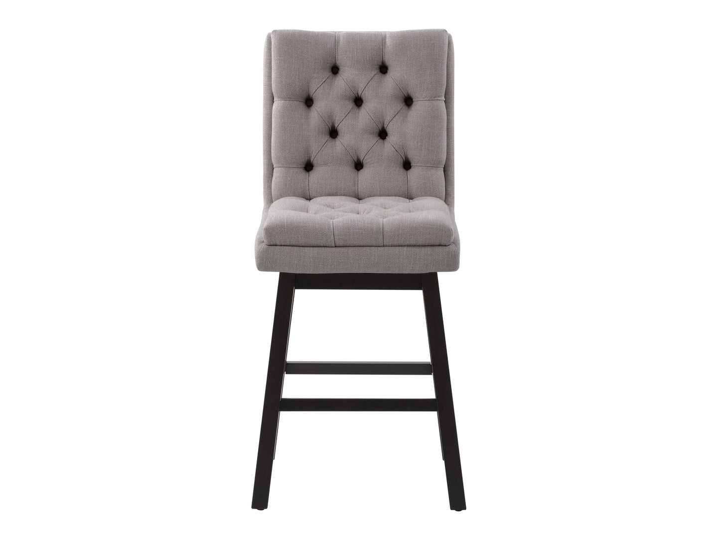 Light grey button tufted bar stool with wooden legs and padded seat, modern design.