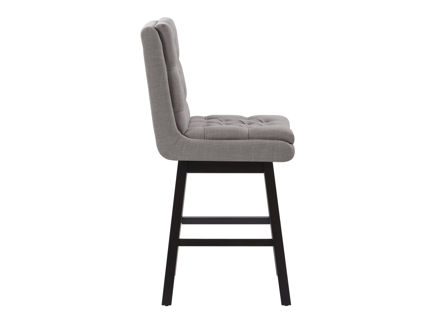 Light grey button tufted bar stool with wooden legs and cushioned seat, modern design.