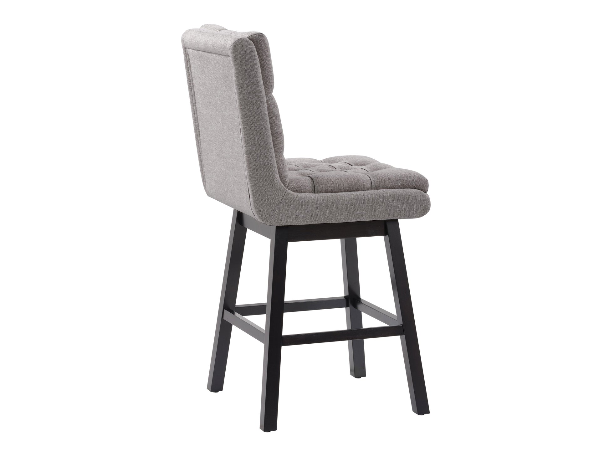 Light grey button tufted bar stool with wooden legs and sleek, minimalist design.