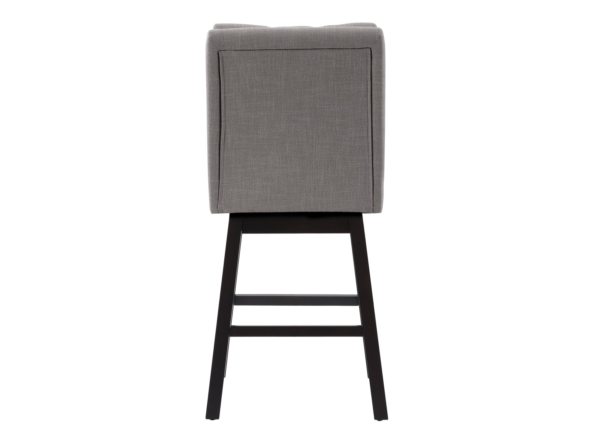 Light grey button tufted bar stools with black wooden legs and plush fabric upholstery.