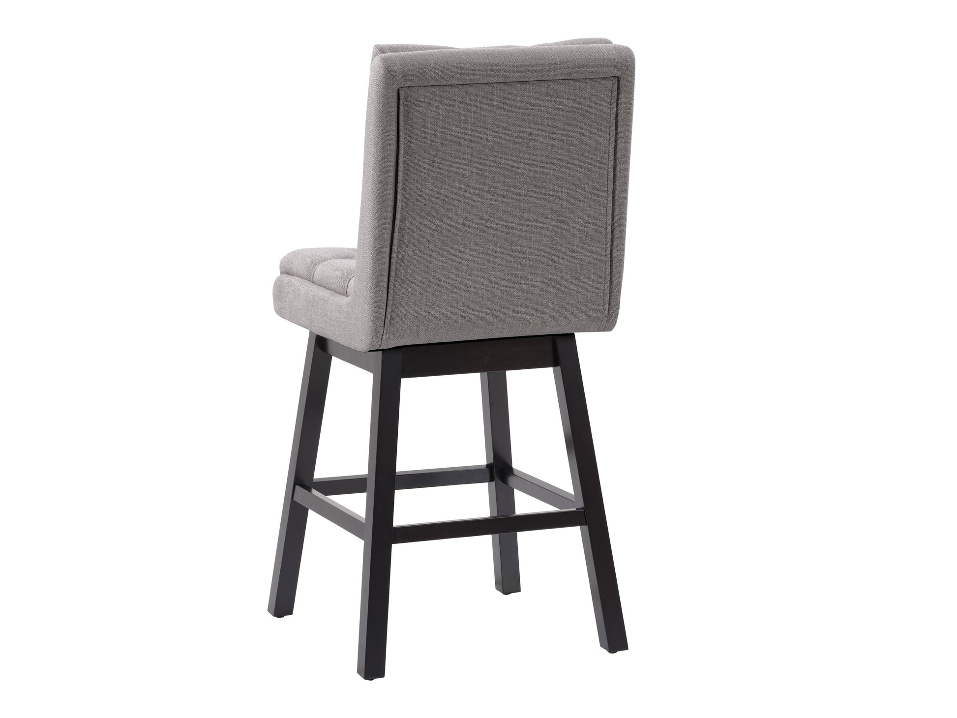 Light grey button tufted bar stool with wooden legs and padded seat for modern kitchen or bar area.