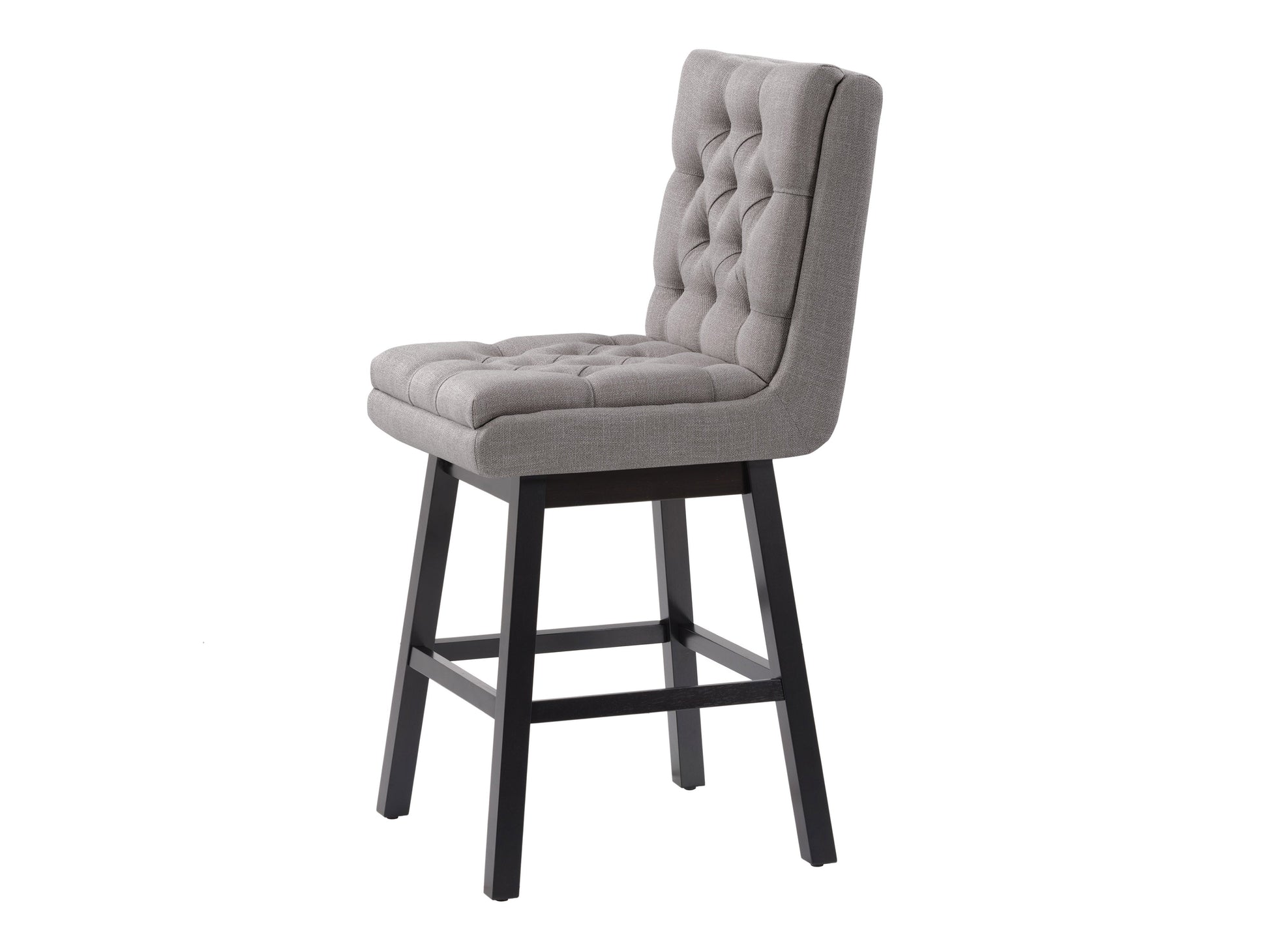 Light grey button tufted bar stool with wooden legs and fabric upholstery.