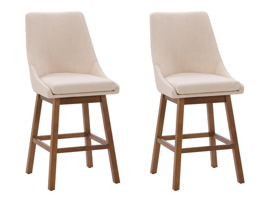 Beige modern bar stool with wooden legs, padded seat, and backrest, perfect for contemporary kitchen or bar areas.