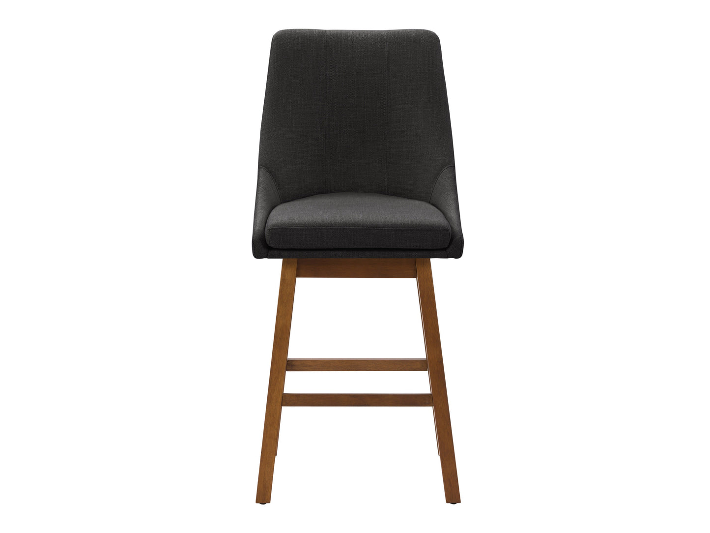 Dark grey modern bar stool with fabric seat, wooden legs, and footrest.