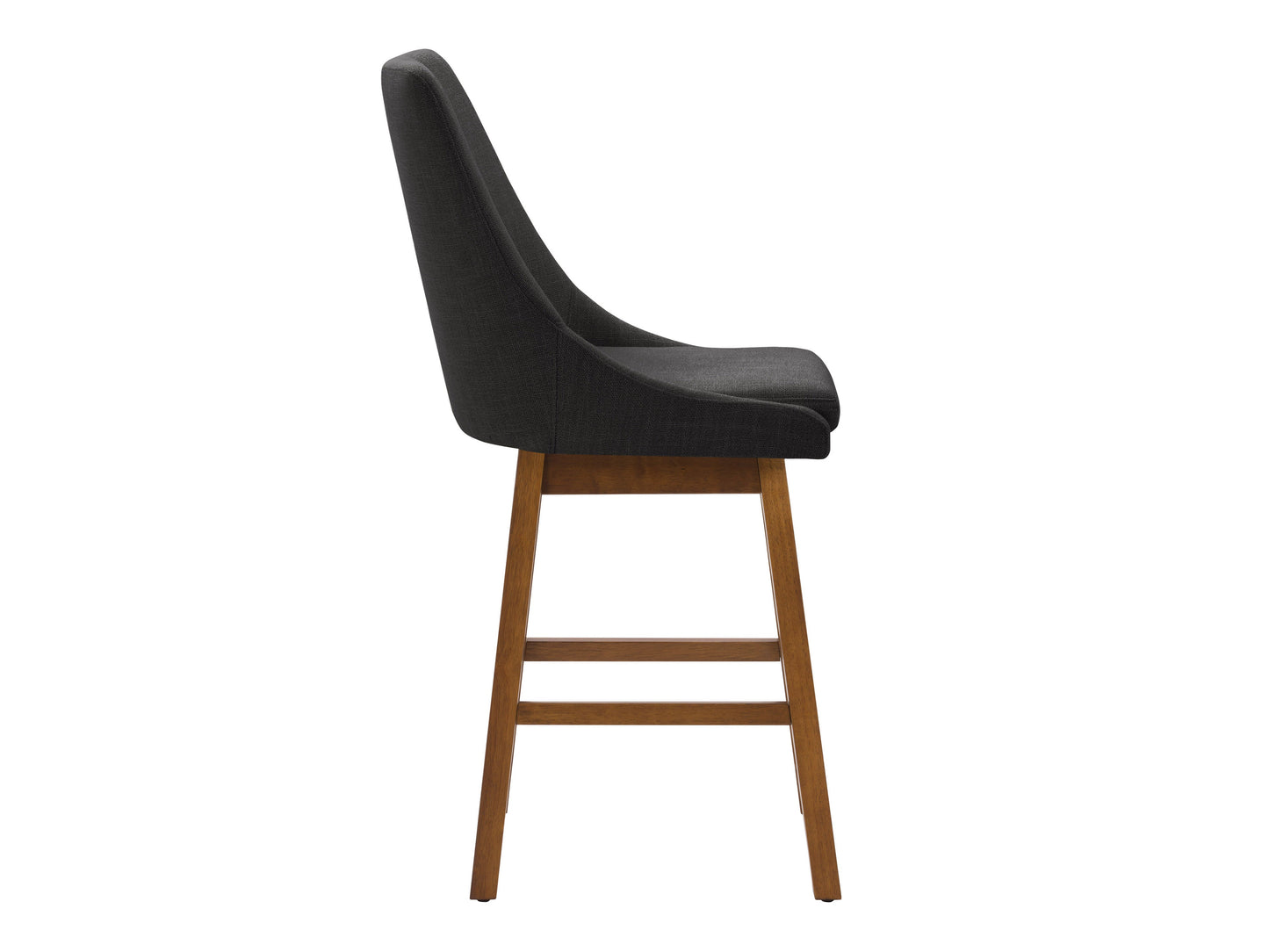 Dark grey modern bar stools with fabric upholstery, sleek black metal legs, and a minimalist design.