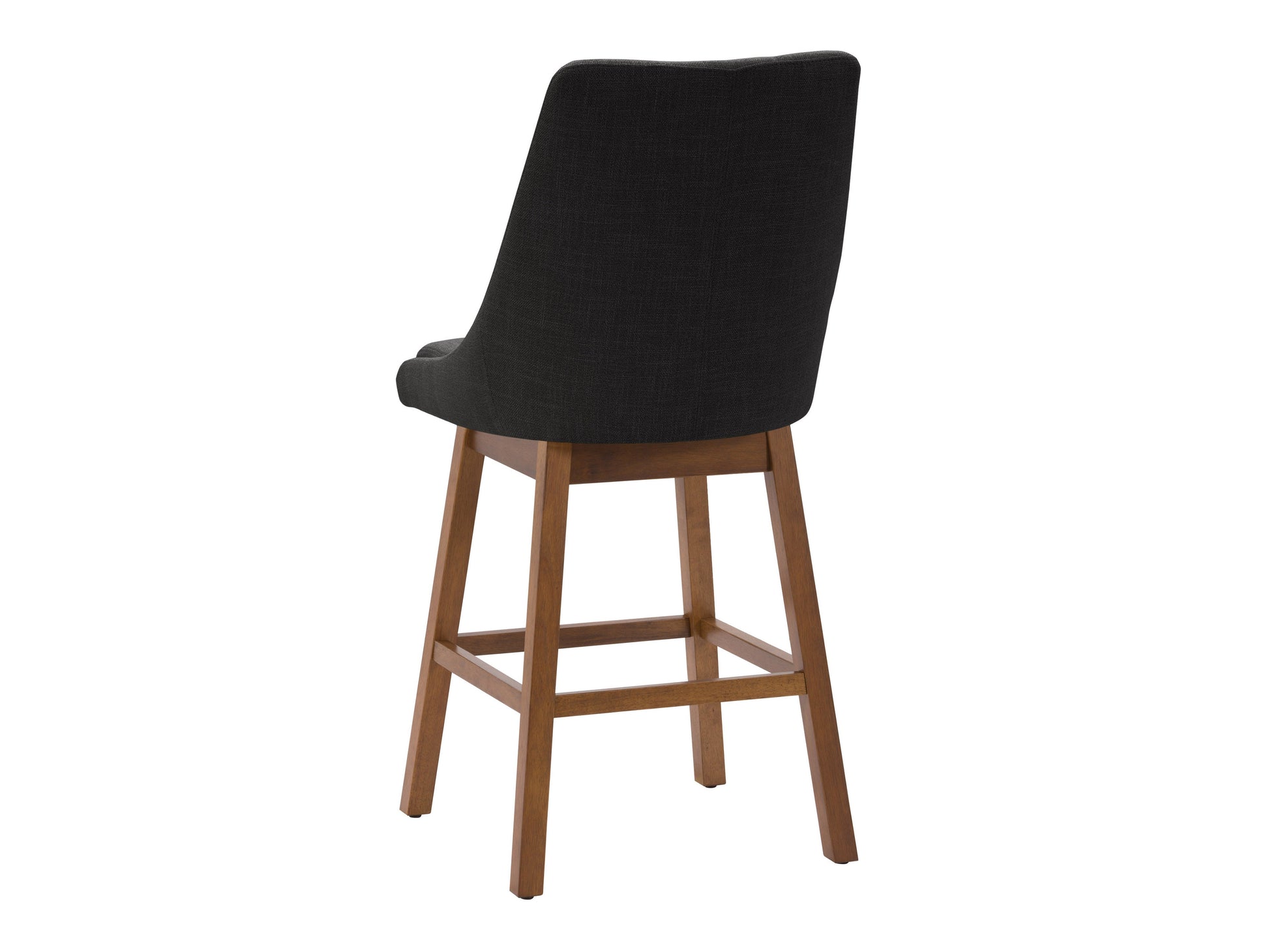 Dark grey modern bar stool with cushioned seat, wooden legs, and sleek design.