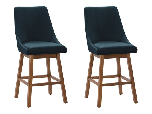 Blue modern bar stool with cushioned seat, wooden legs, and sleek design. Perfect for contemporary kitchens and bars.