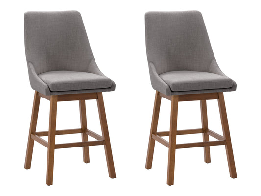 Light grey modern bar stools, fabric upholstery, wooden legs, and footrest, minimalist design.