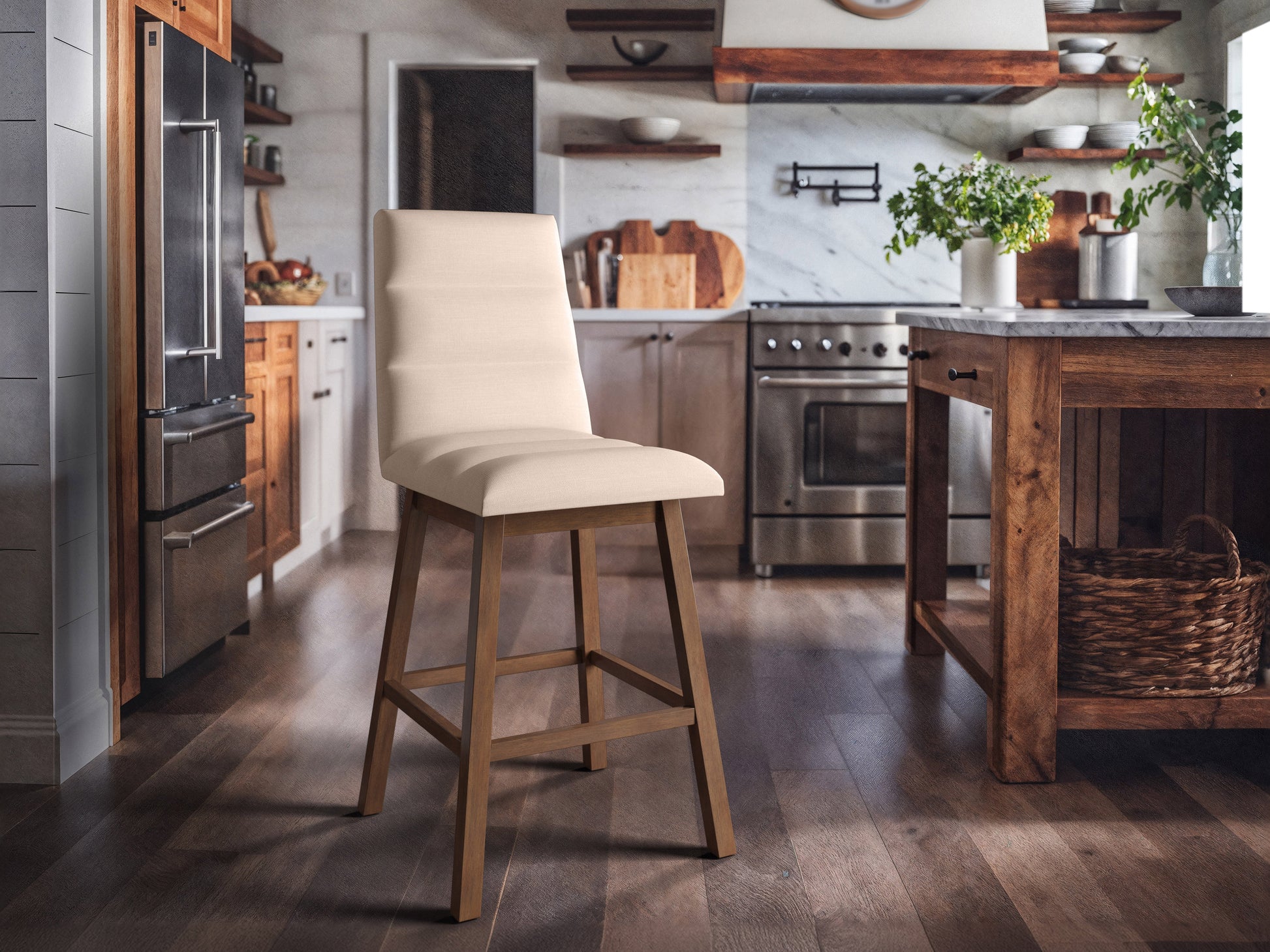 Beige channel tufted bar stools with wooden legs and a modern design.