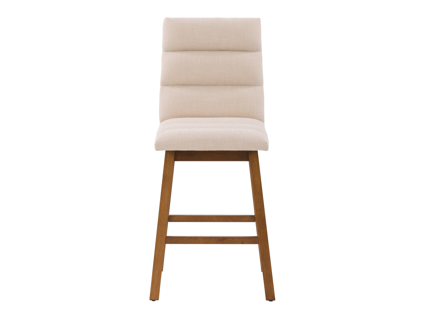 Beige channel tufted bar stool with gold metal legs, modern design, and plush upholstery.