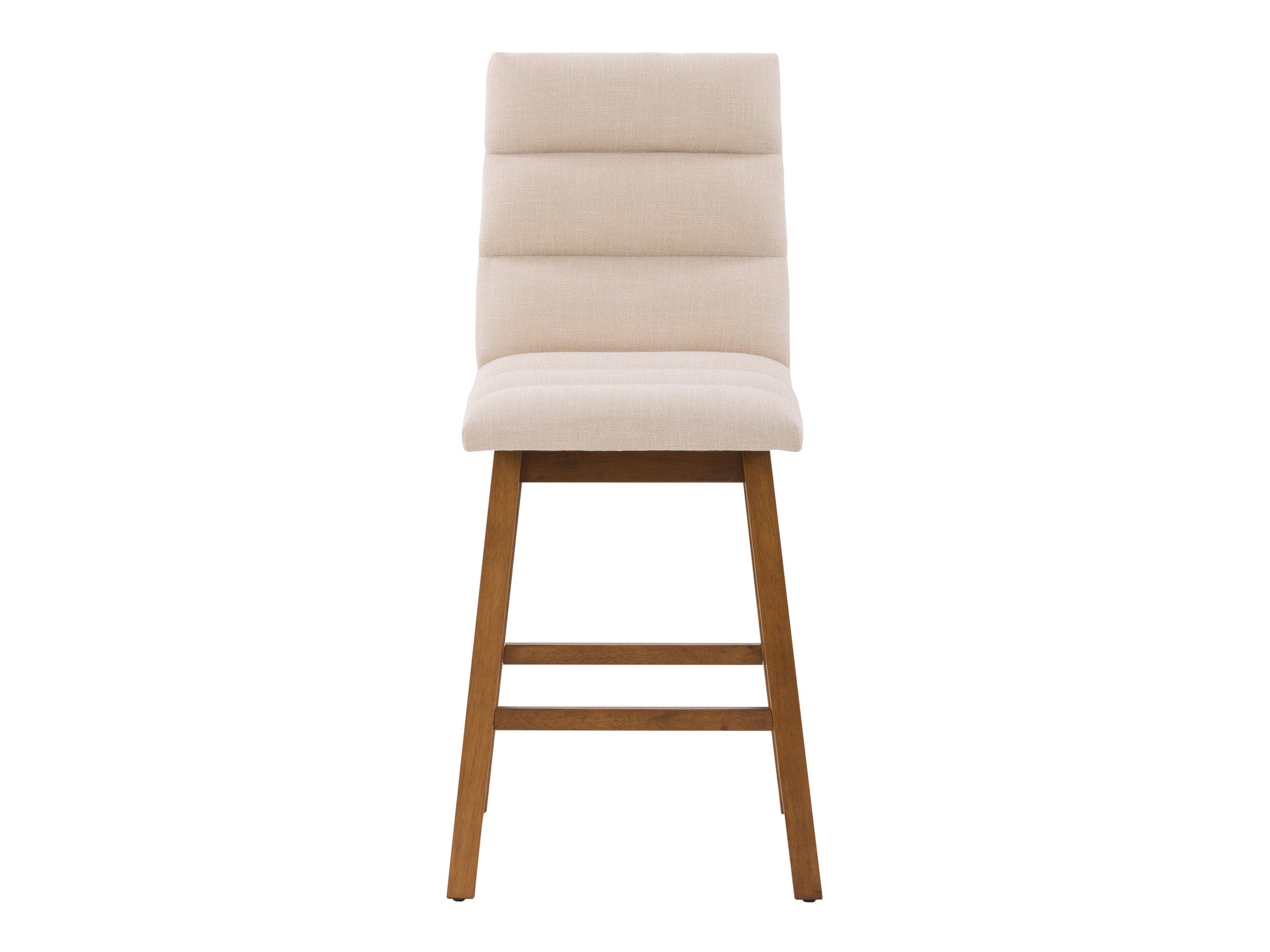 Beige channel tufted bar stool with gold metal legs, modern design, and plush upholstery.