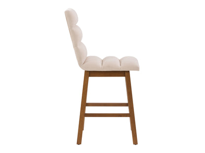 Beige channel tufted bar stool with gold metal legs and plush velvet upholstery.