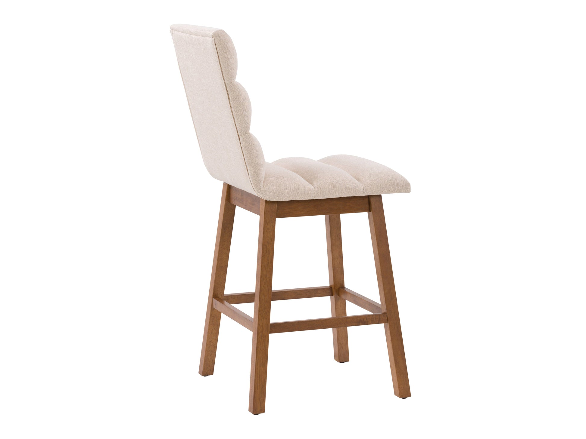 Beige channel tufted bar stools with gold metal legs, modern design, upholstered seating, and comfortable backrest.