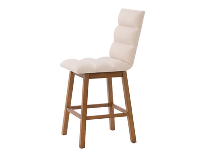 Beige channel-tufted bar stool with gold metal legs, upholstered seat, and modern design.