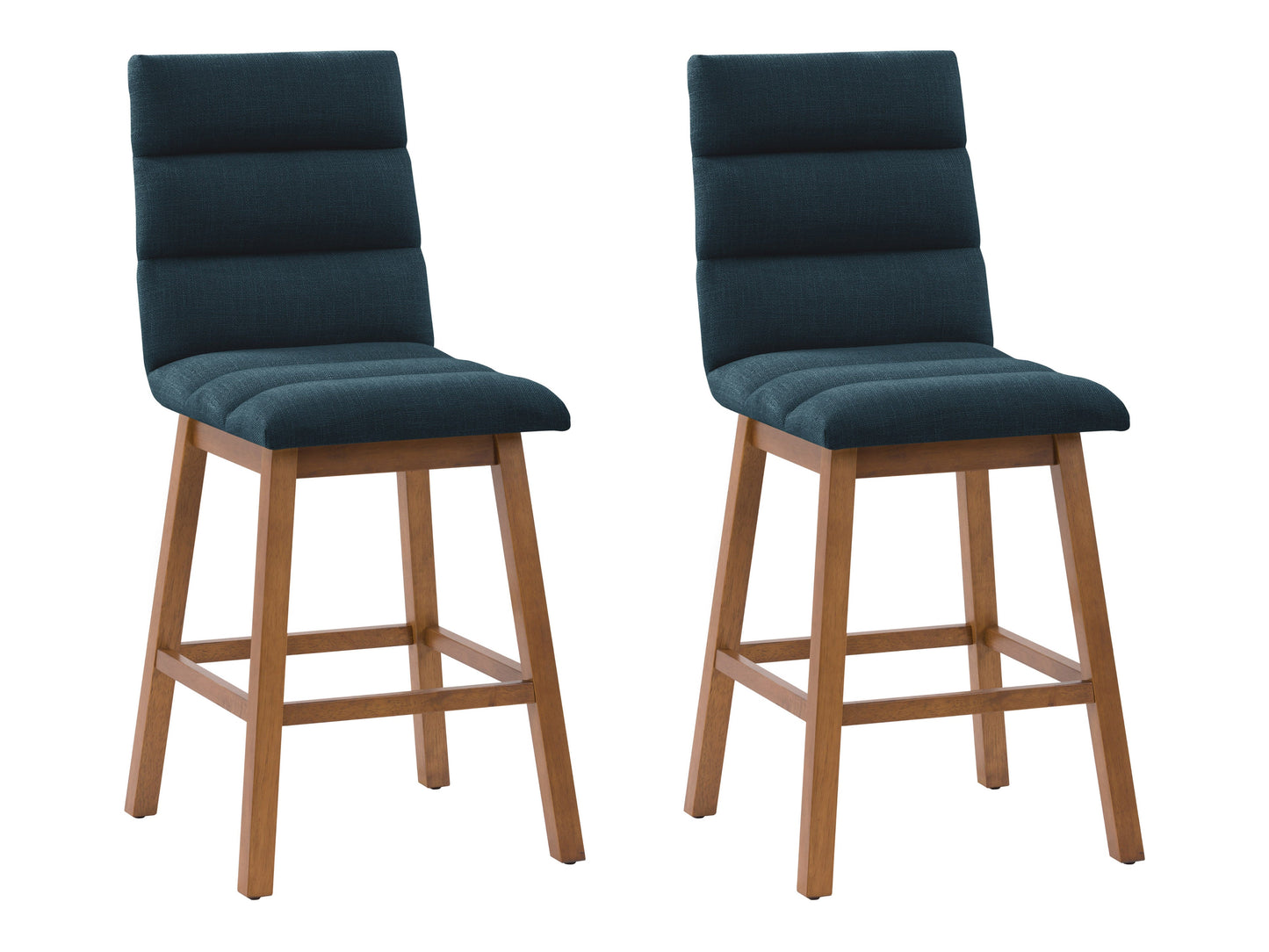 Blue channel tufted bar stool with gold metal legs, velvet upholstery, and a sleek modern design.