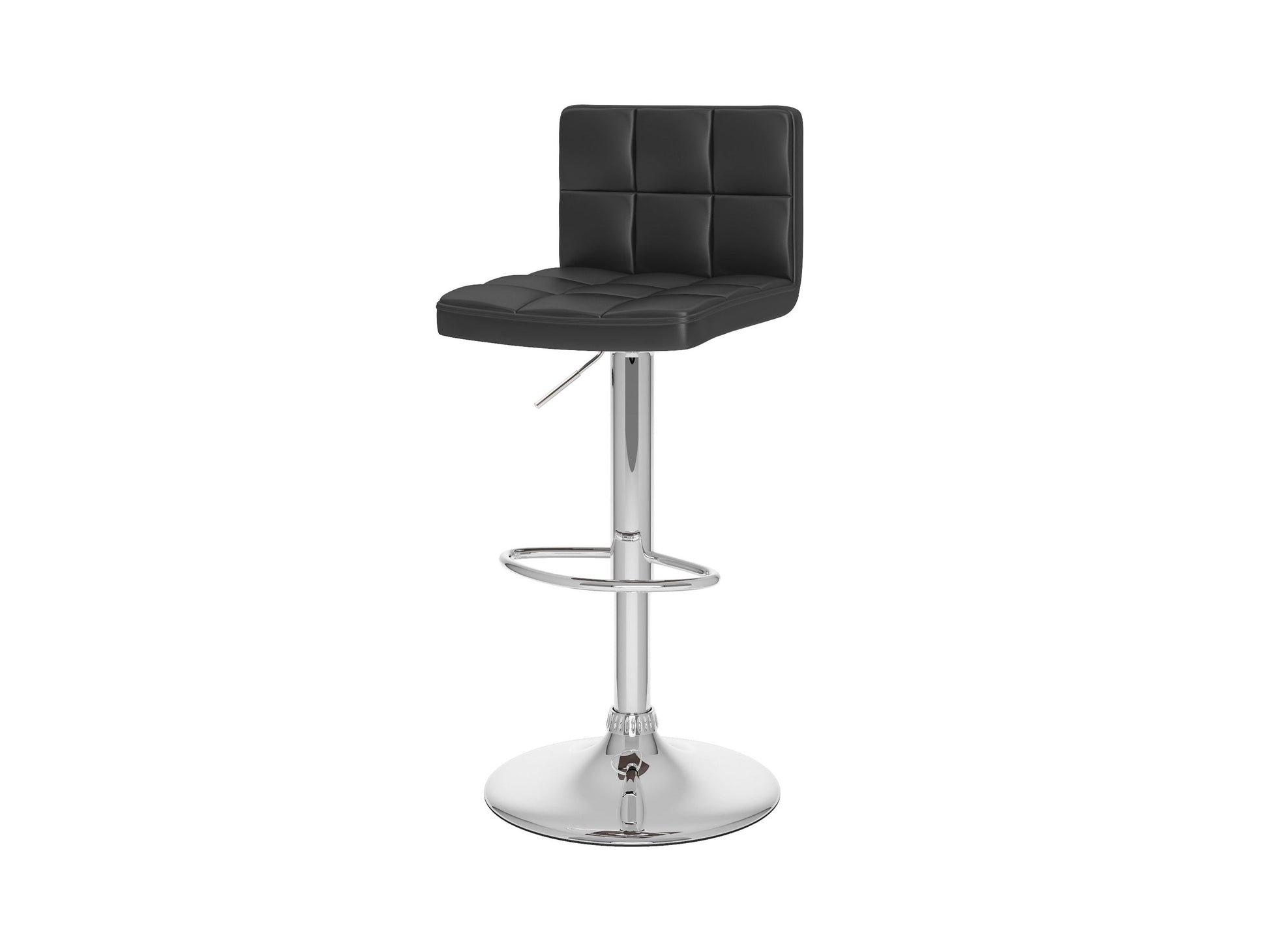 Black swivel bar stools, set of 2, with padded seats, chrome footrests, and adjustable heights for modern kitchen counters.