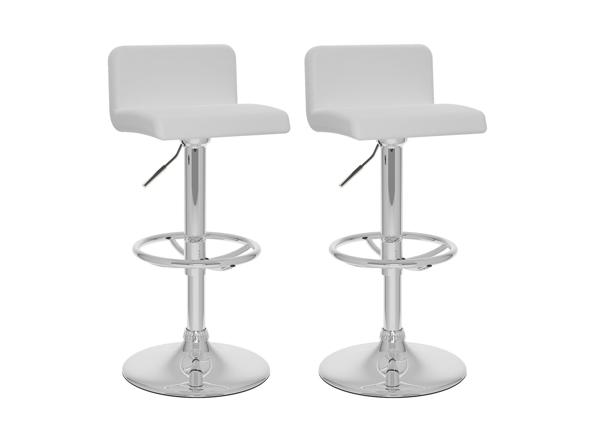 White low back bar stools set of 2 with wooden legs and cushioned seats, modern minimalist design.