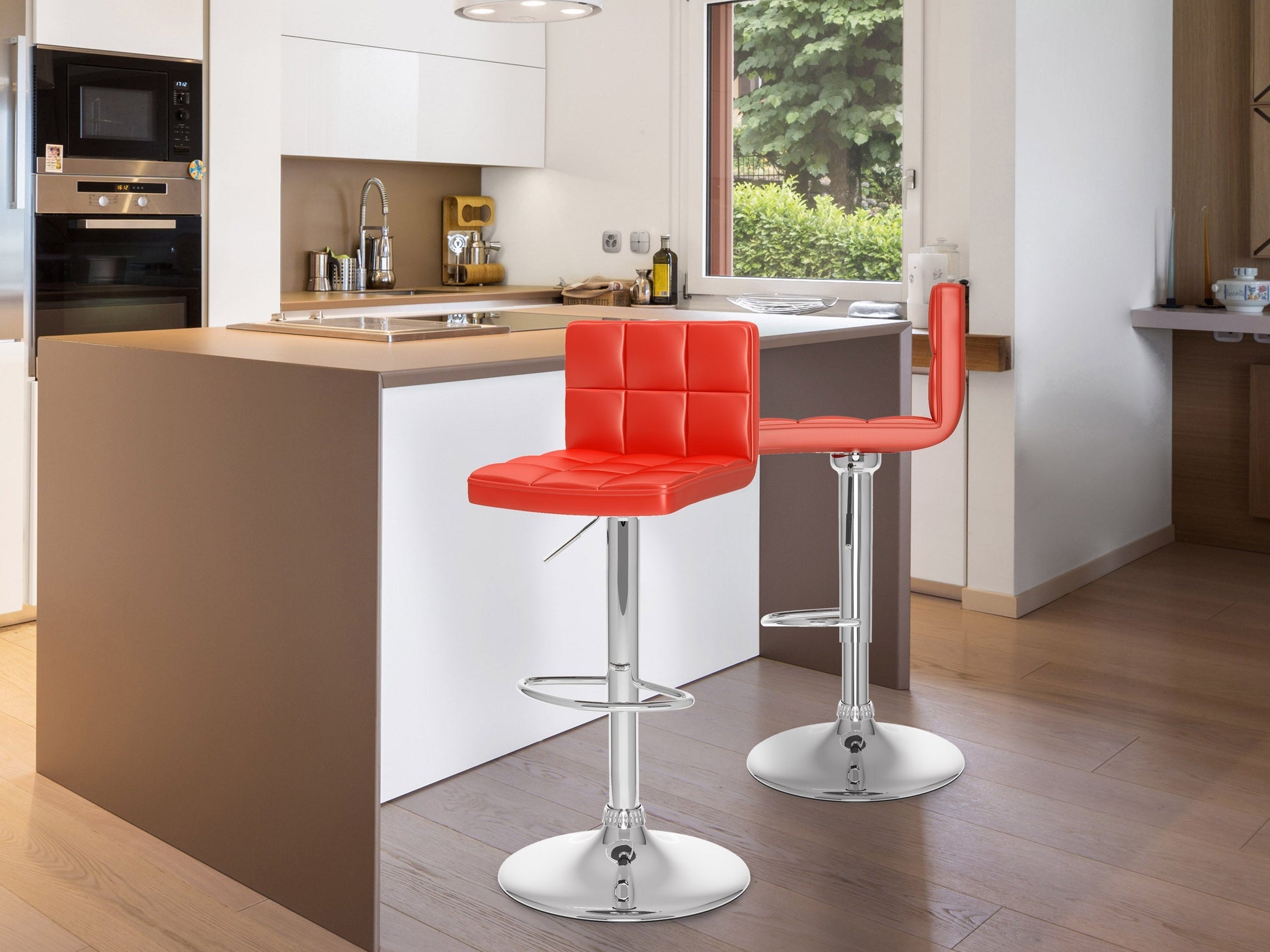 Red swivel bar stools set of 2 with chrome base, padded seat, and adjustable height for modern kitchen or bar.