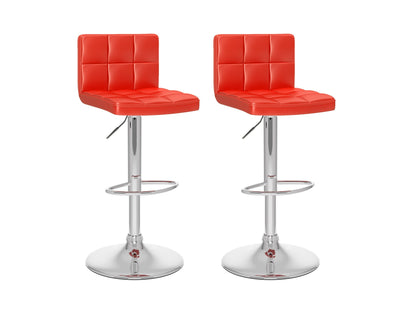 Set of 2 red swivel bar stools with cushioned seats, chrome footrests, and adjustable height for modern kitchens and bars.