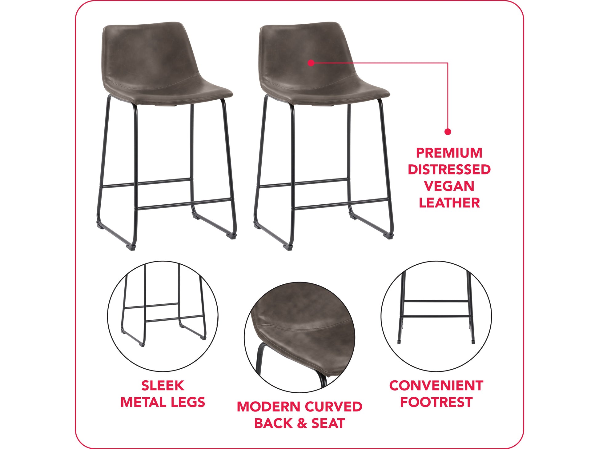 Set of 2 grey metal bar stools with cushioned seats and sleek, modern design.