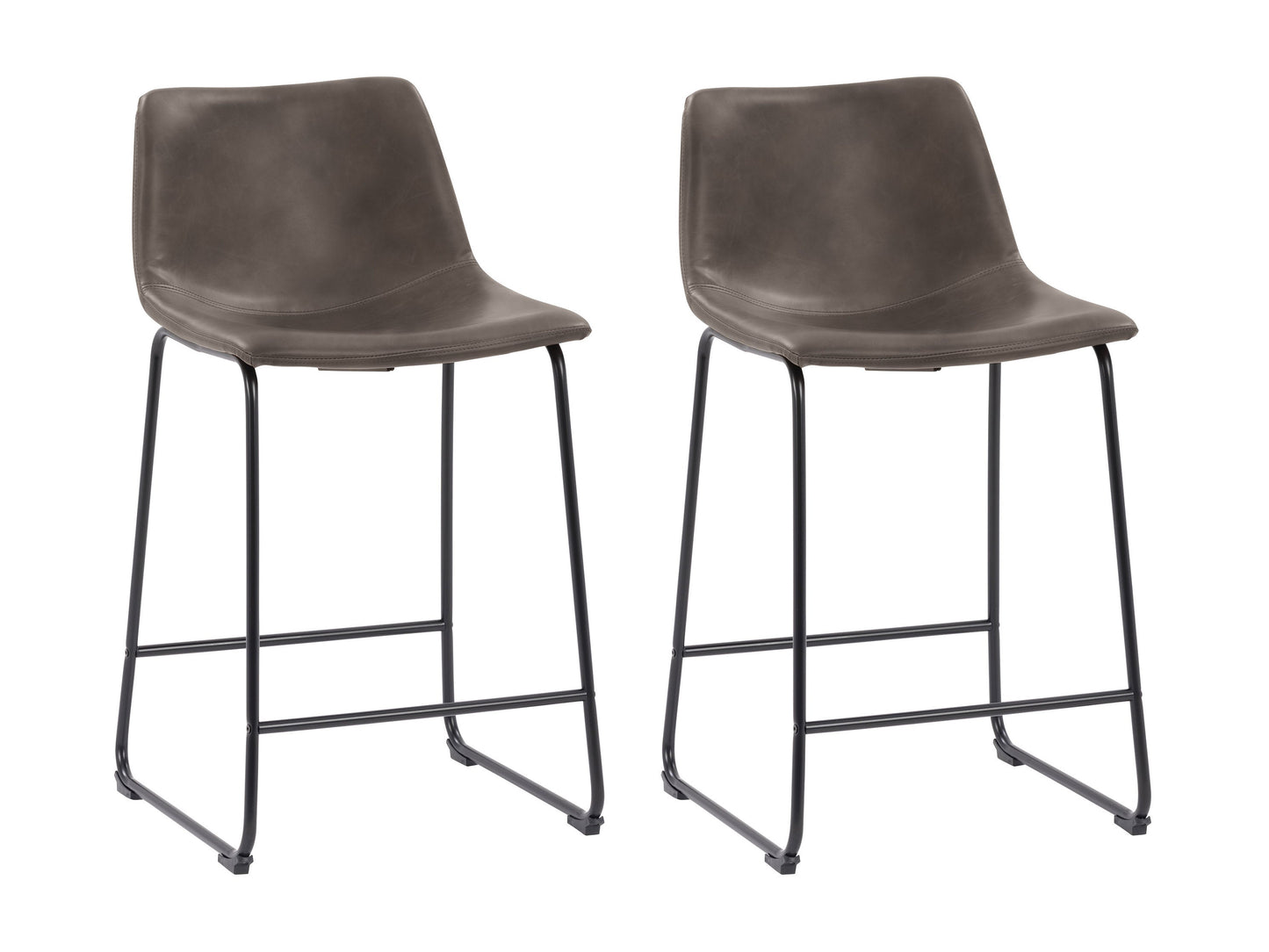 Set of 2 grey metal bar stools with padded seats, sleek design, and footrests for modern kitchens or bars.