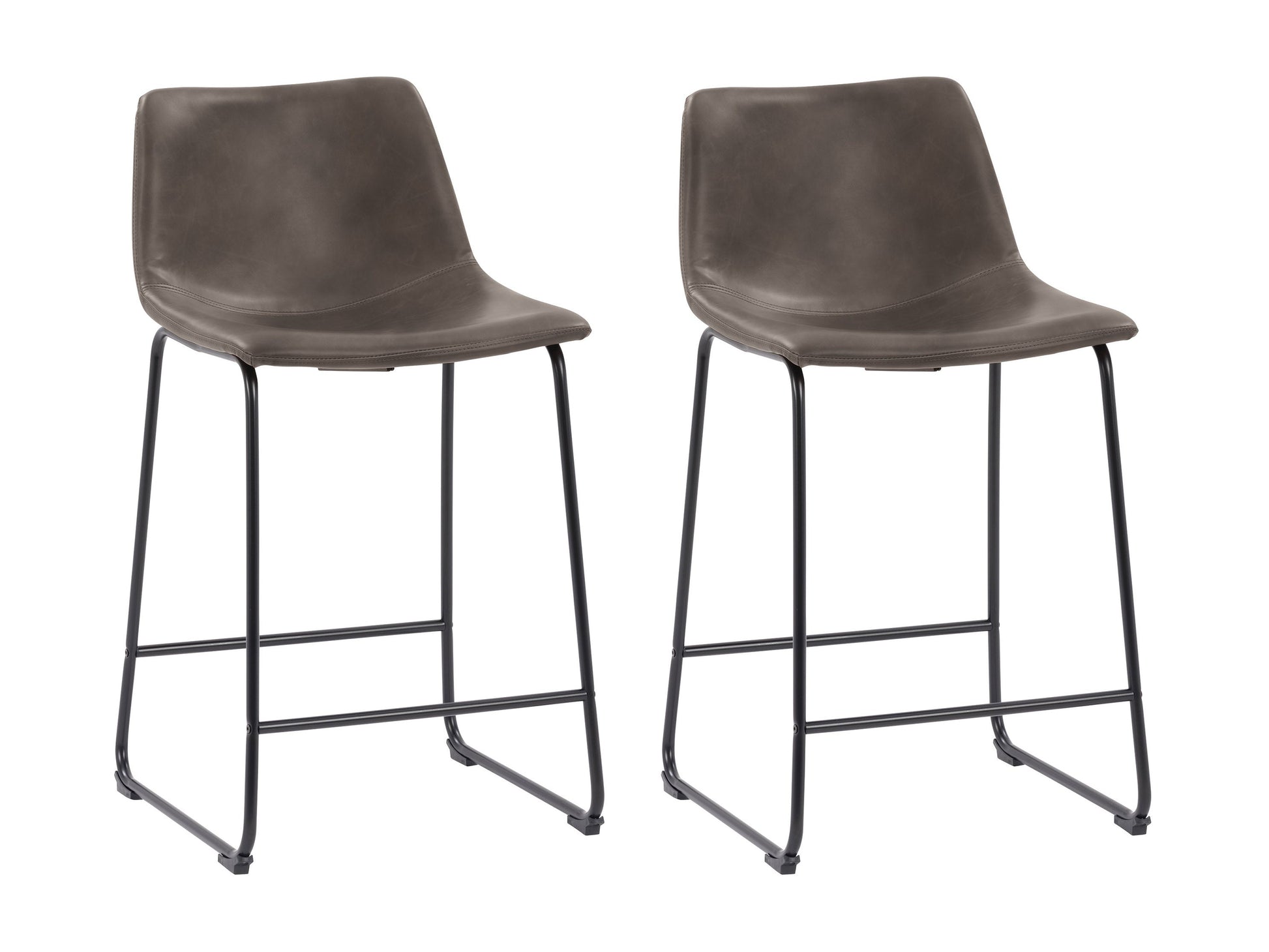 Set of 2 grey metal bar stools with padded seats, sleek design, and footrests for modern kitchens or bars.