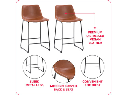 Brown metal bar stools set of 2 with wooden seats, industrial design, and footrests for kitchen or bar areas.