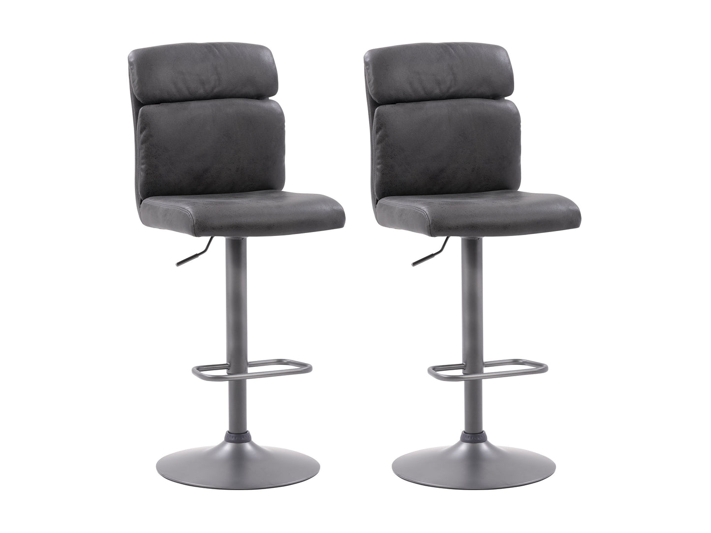 Black swivel bar stools set of 2 with cushioned seats and chrome footrests, modern kitchen or bar seating.