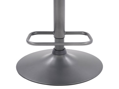 Set of 2 grey swivel bar stools with cushioned seats and black metal frames.