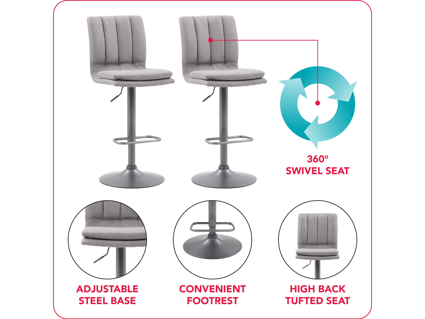 Grey swivel bar stools set of 2 with cushioned seats, wooden legs, and modern design.