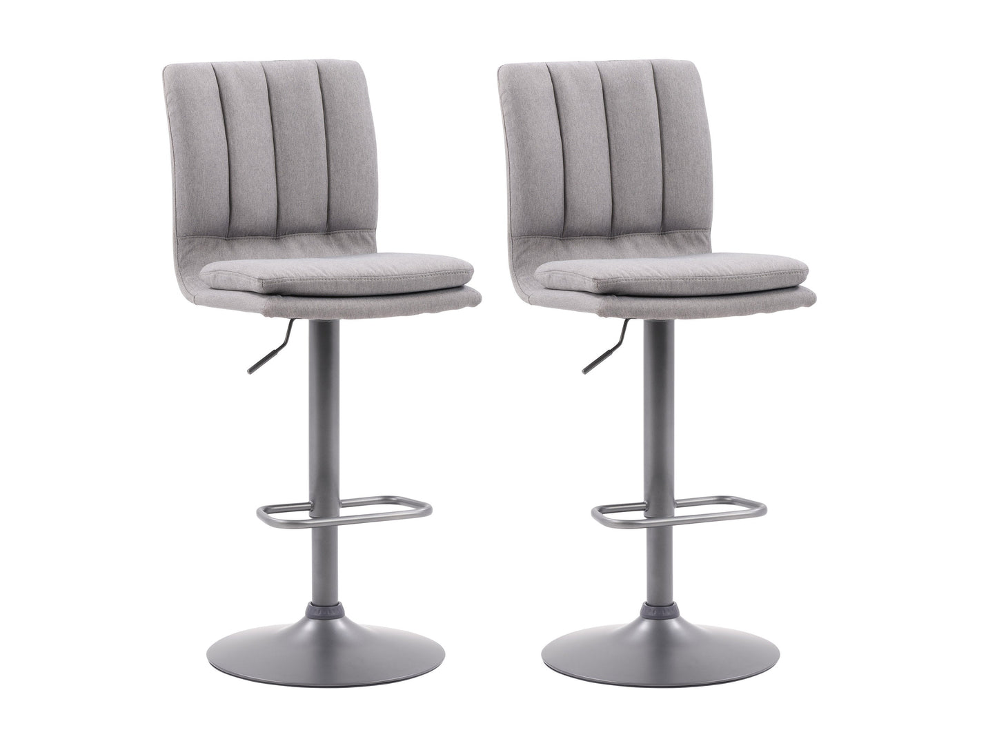 Grey swivel bar stools set with cushioned seats, wooden legs, and a modern design.