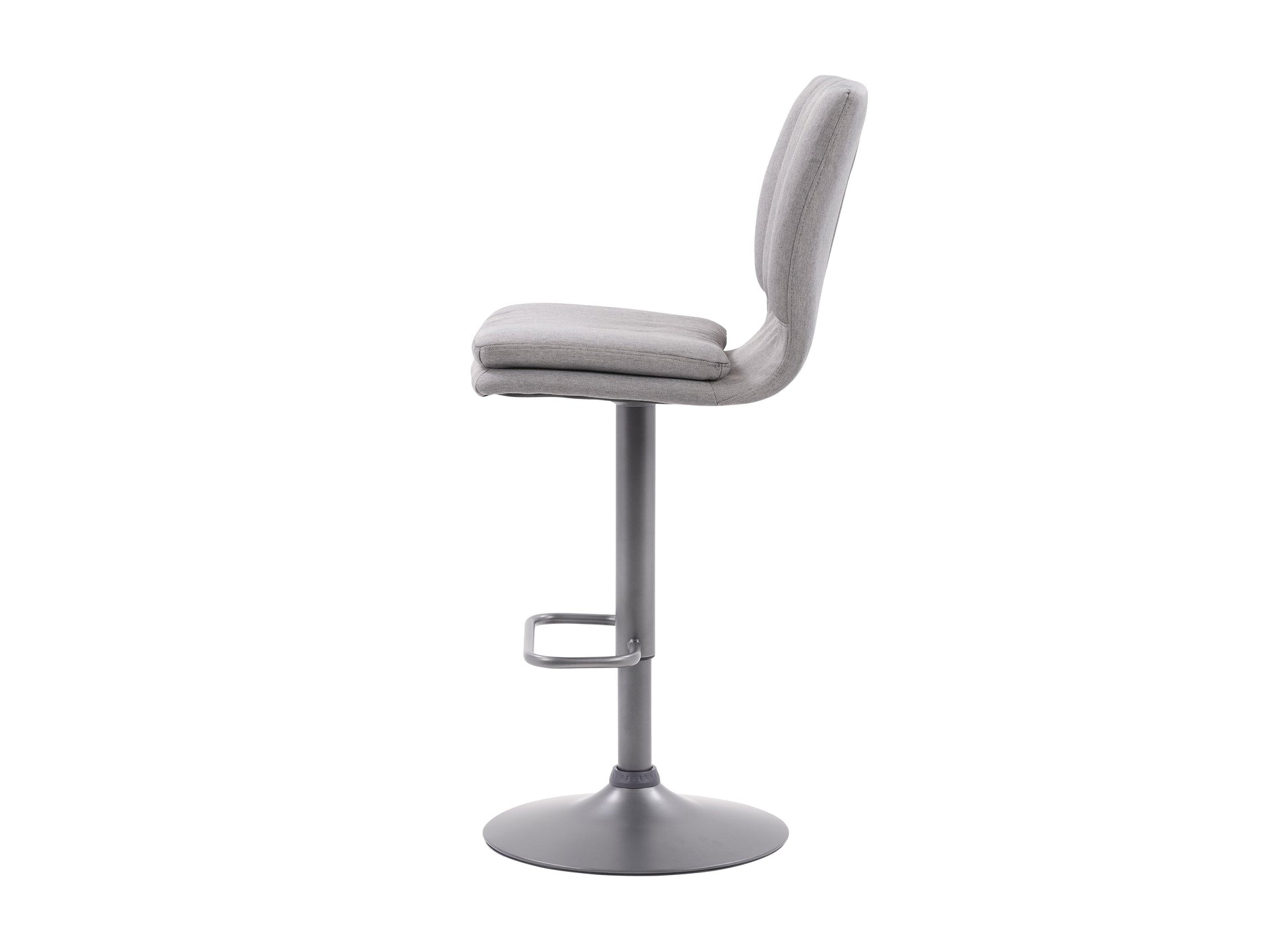 Swivel grey fabric bar stools, set of 2, with cushioned seats and sleek chrome bases.