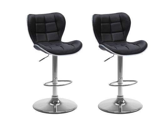 Set of 2 black bar stools with backs, metal legs, and cushioned seats, perfect for modern kitchen or bar areas.