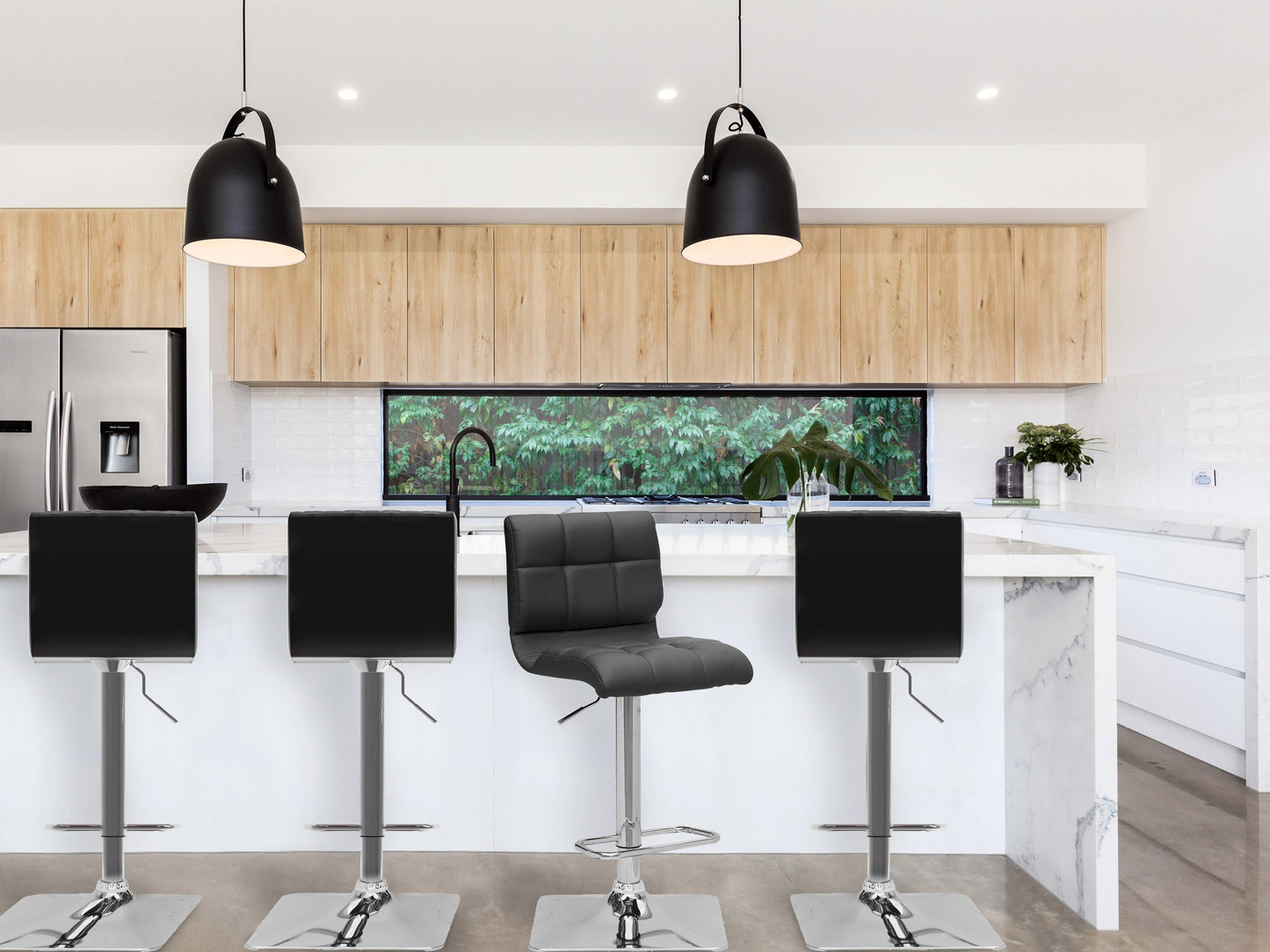 Black tufted bar stools set of 2 with cushioned seats, sleek metal legs, and modern design.