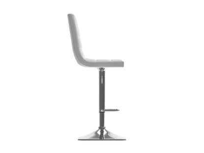 White high back bar stools, set of 2, with cushioned seats and chrome legs, modern kitchen or bar furniture.