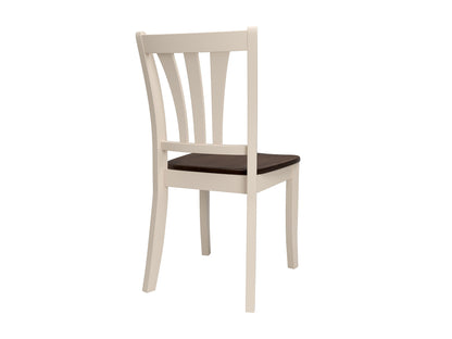 Dark brown solid wood dining chairs with cream upholstered seats, set of 2, elegant and sturdy dining room furniture.