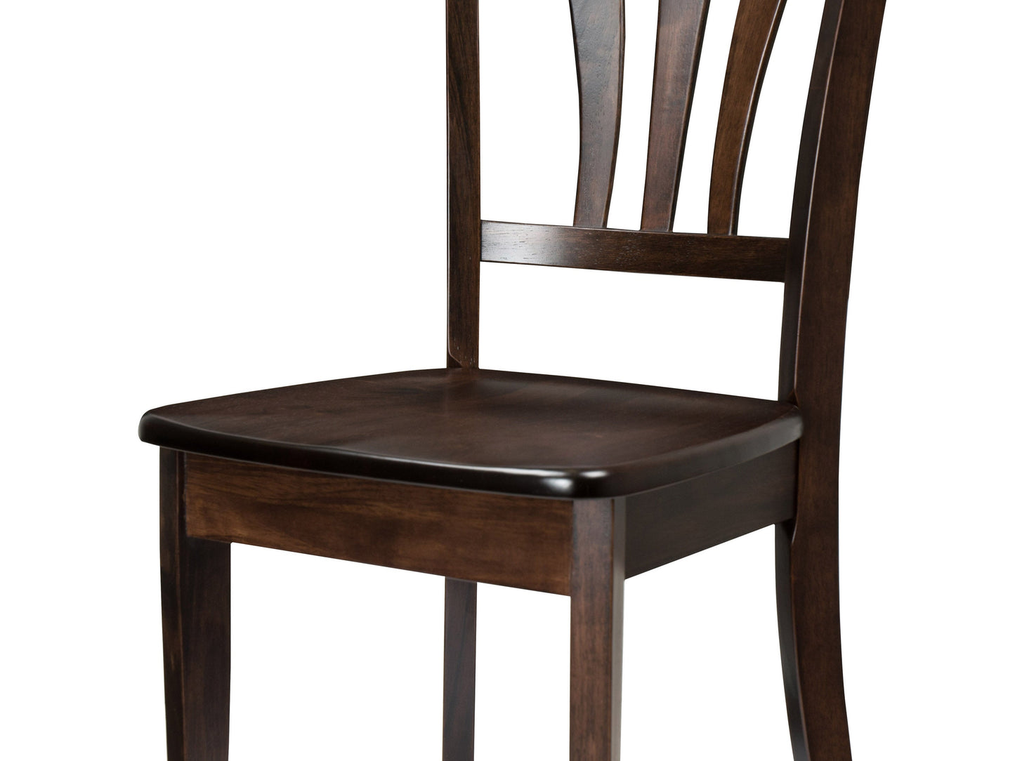 Solid wood dining chairs, set of 2, espresso finish with cushioned seats and curved backrests.