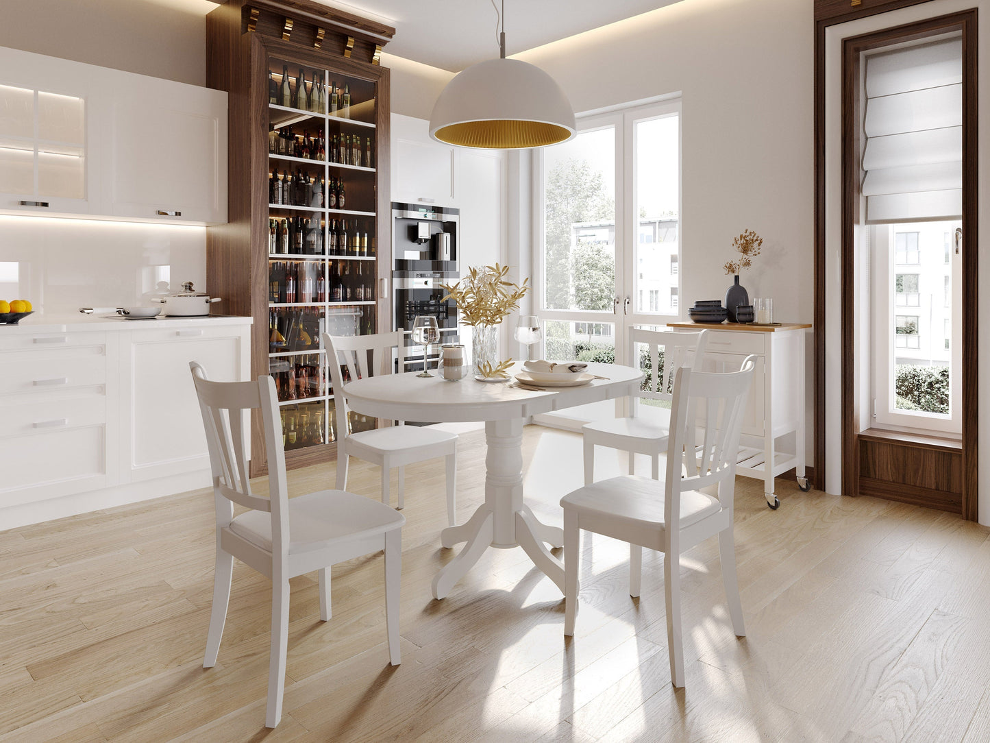 Extendable white oval dining table with sleek minimalist design and sturdy wooden legs.